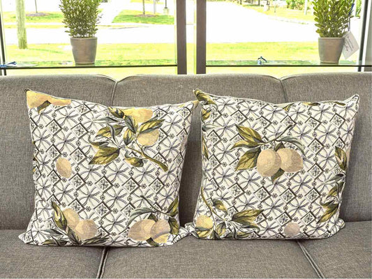Pair Upholstered Lemon Accent Velvet Backing Accent Pillows