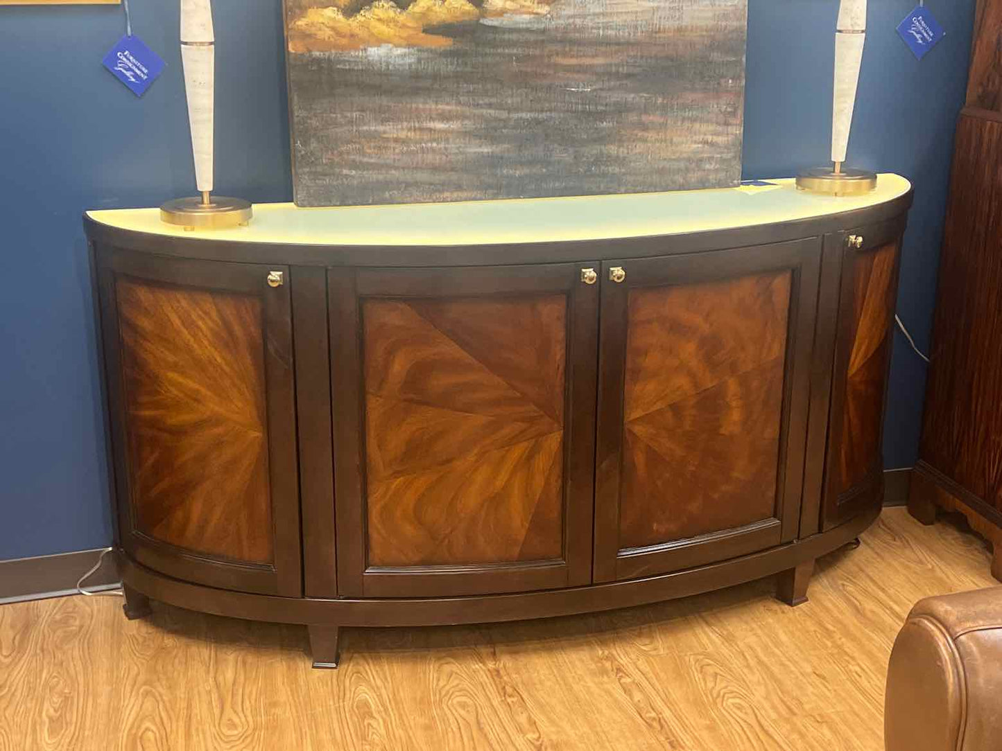 Caracole Mahogany Demilune w/ Frosted Glass Top