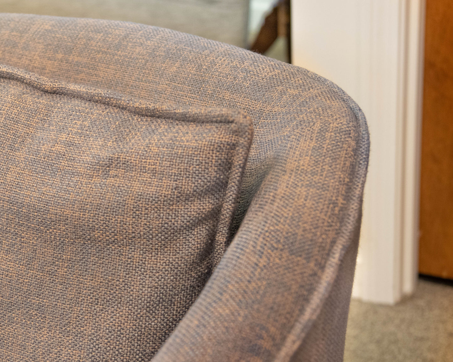 Pair of West Elm Duffield Swivel Chairs in Dusty Blue and Blush Woven Fabric