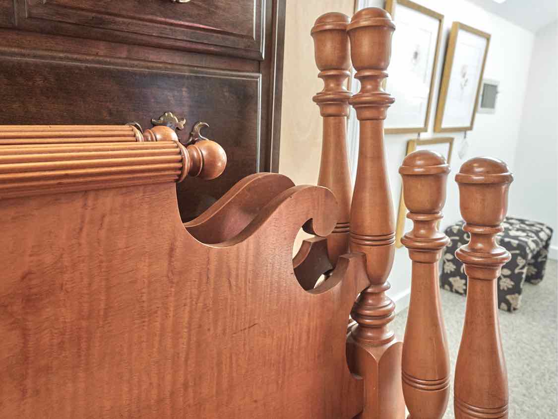 Pair of Tiger Maple 2 Post Twin Bed with Rolling Pin Top