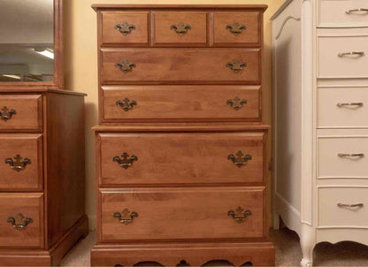 Maple Chest on Chest with 3 Over 2 Drawers & Chippendale Hardware Pulls