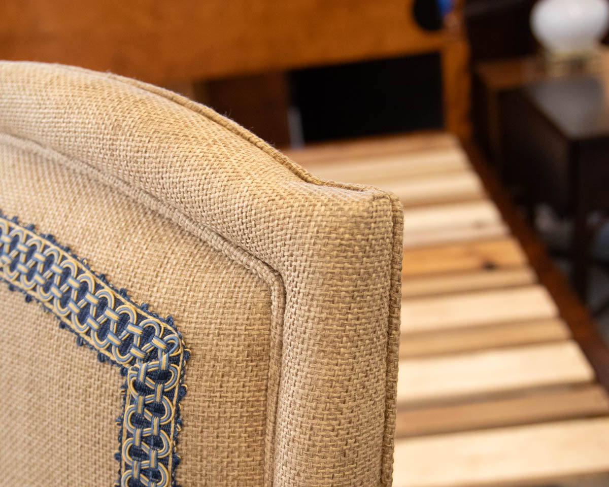 Pair of  Upholstered Burlap  Host & Hostess Carved Arm Dining Chairs