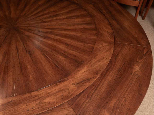 Round Walnut Round Top With 8 Leaves Curved Pedestal Base Dining Table