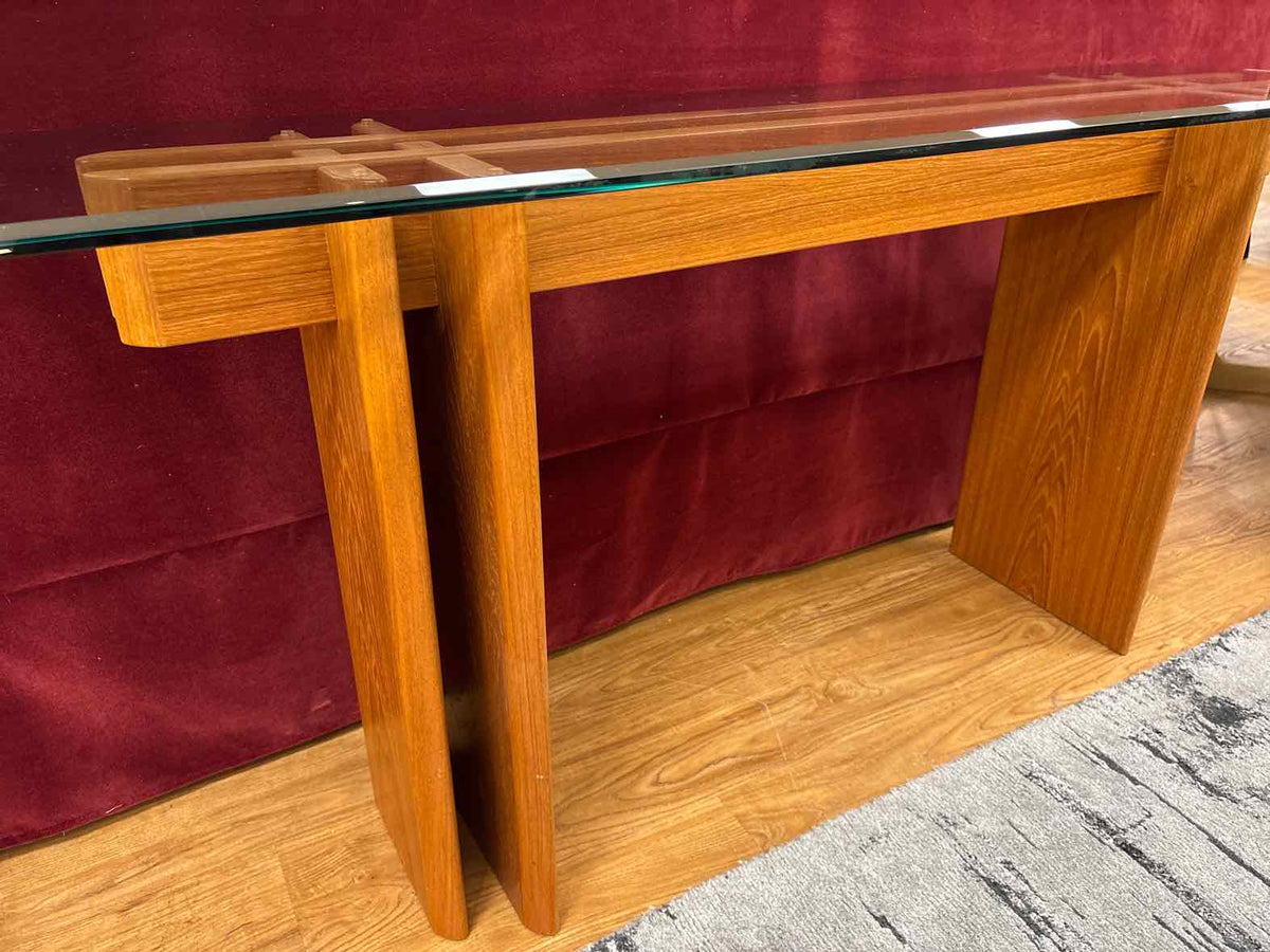 Mid-Century Modern Rectangular Teak Glass Top Sofa Console