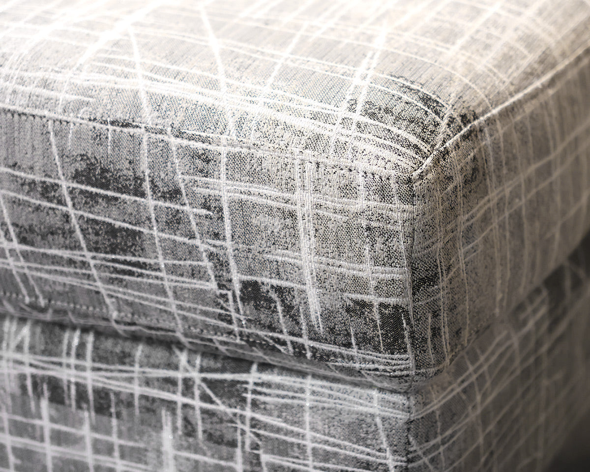 Bassett Custom Ottoman in Grey & White Sketch Abstract on Brushed Stainless Legs
