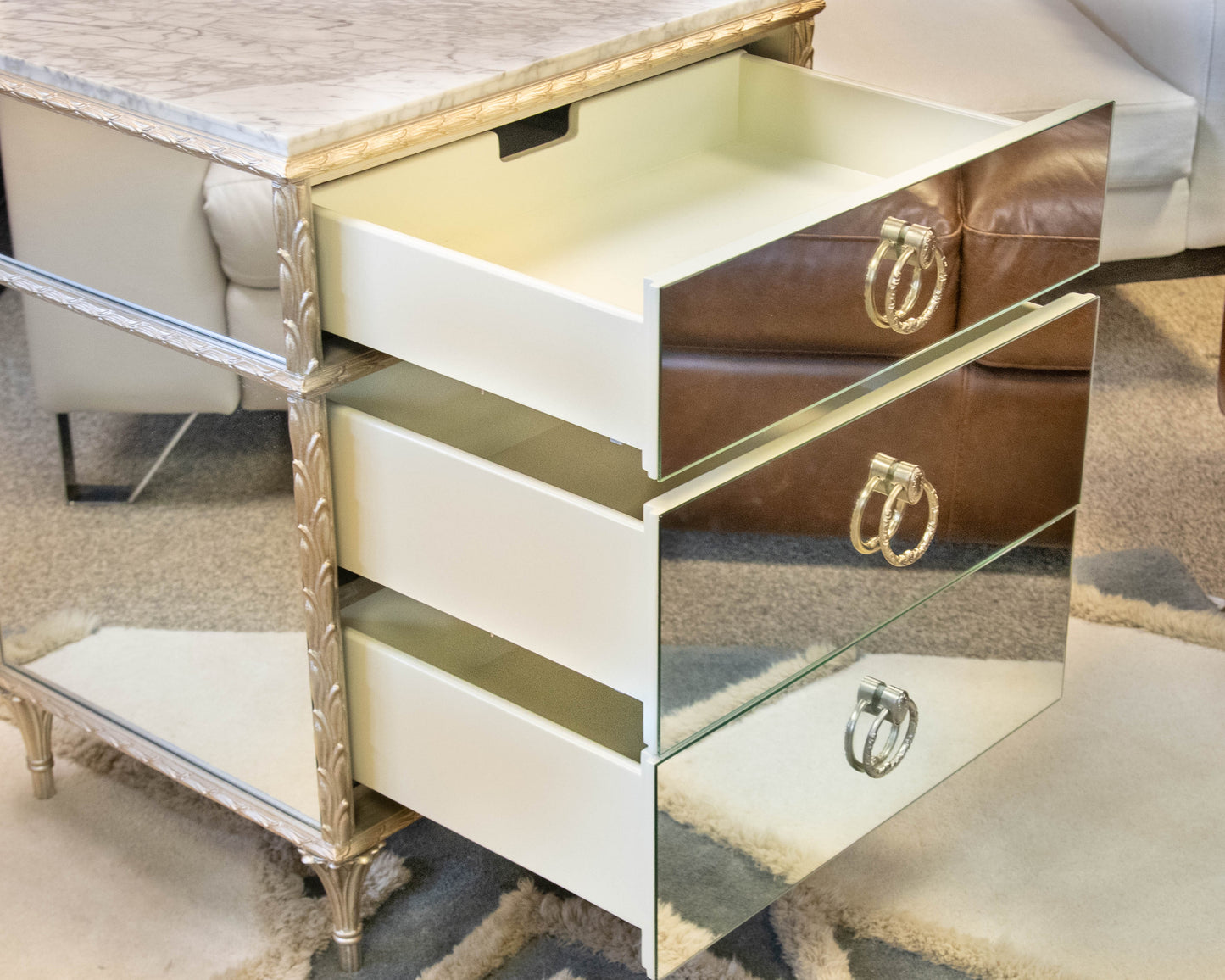 Caracole 3 Drawer Mirrored  Carrara  Marble Top Nightstand