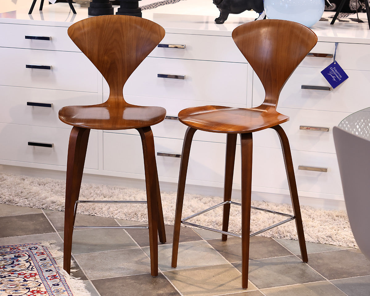 Pair of Cherner Wood Base Counter Stools in Natural Walnut 25"