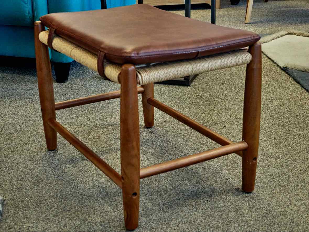 Walnut Stool with Brown Faux Leather Strapping