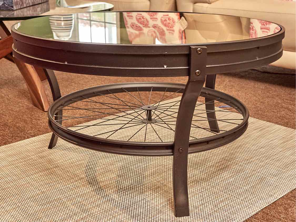 Round Glass Top Cocktail Table Black Finish Aluminum Bicycle Wheel Base