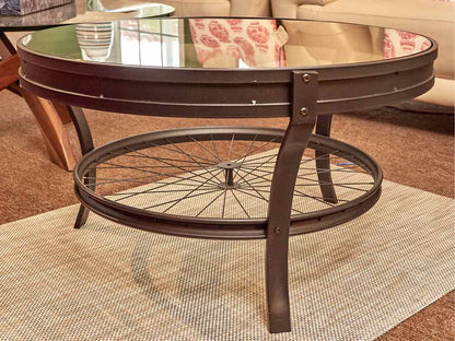 Round Glass Top Cocktail Table Black Finish Aluminum Bicycle Wheel Base