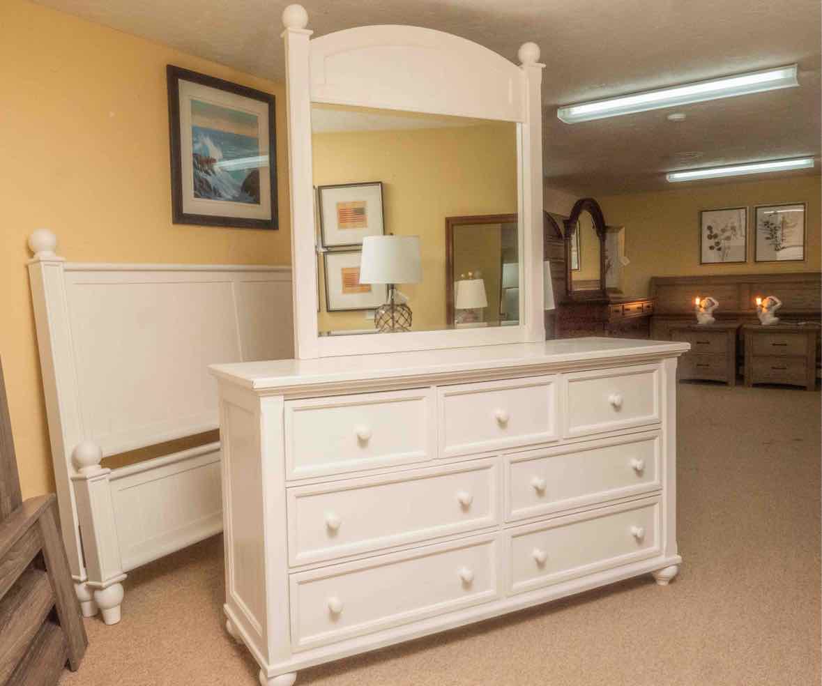 White Finish 7 Drawer Dresser with Beadboard Top & Mirror