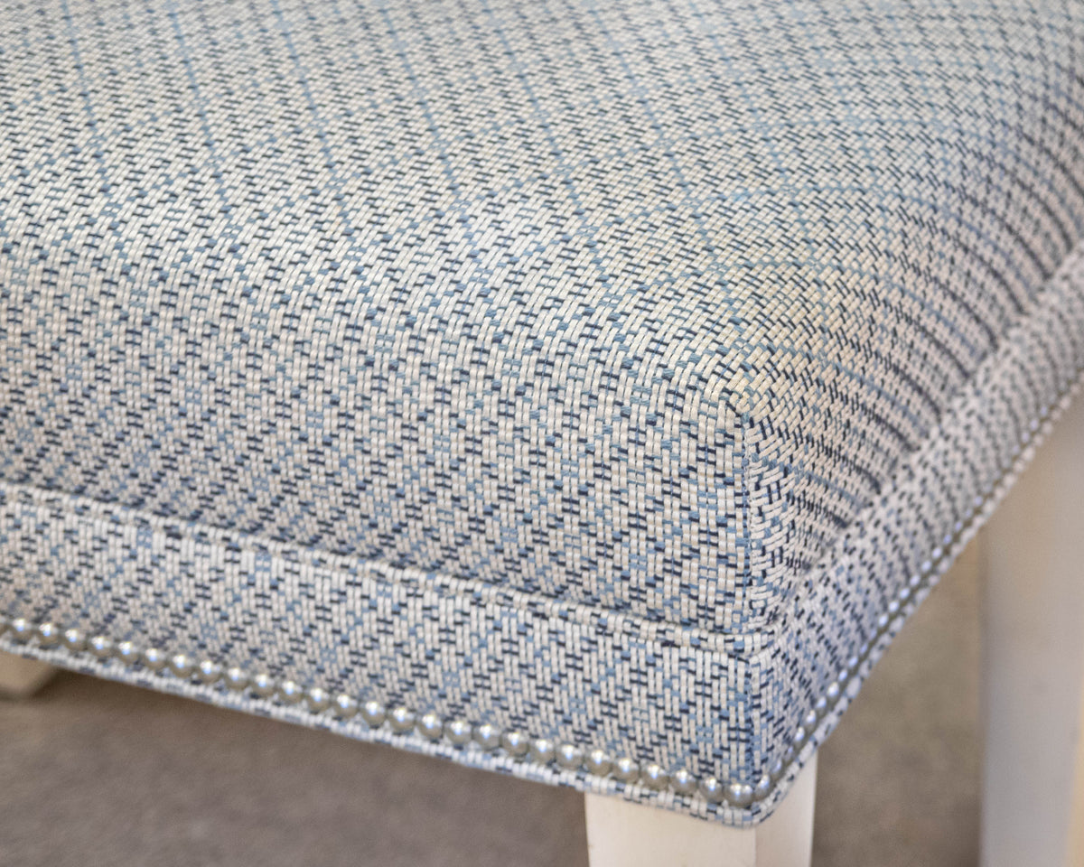 Bench in Textured Blue & Ivory Woven with Silver Nailhead Trim
