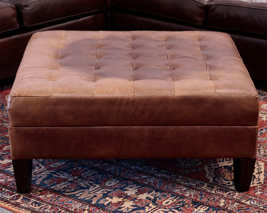 Square Brown Leather Tufted Ottoman