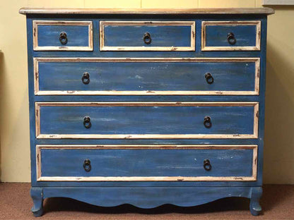 Custom Blue & Cream  Distressed Finish  6 Drawer  Dresser