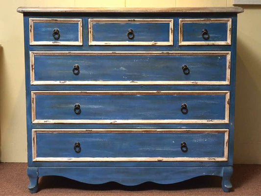 Custom Blue & Cream  Distressed Finish  6 Drawer  Dresser