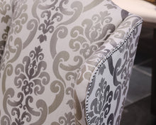 Pair of Ethan Allen Selby Wing Chairs in Natural, Grey & Taupe Damask