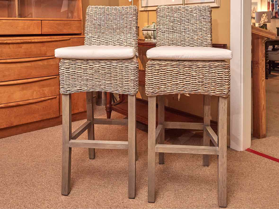 Pair Of Banana Leaf Washed Bar Stools With Cushions