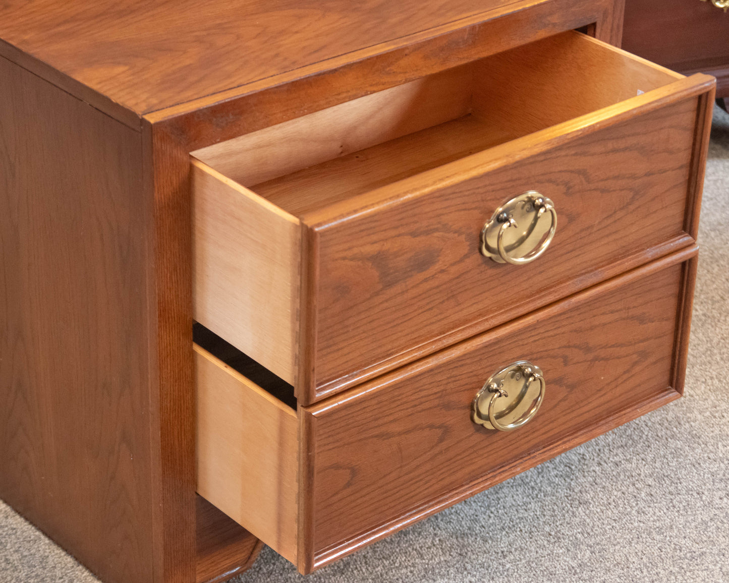 Pair of Thomasville Oak Campaign Style Nightstands
