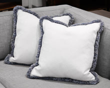 Pair of Custom Pillows in White with Light Blue Fringe