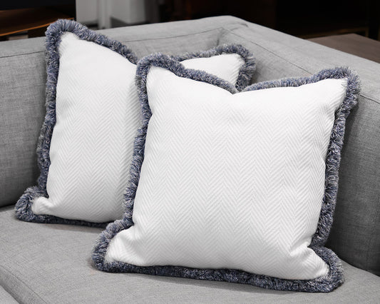 Pair of Custom Pillows in White with Light Blue Fringe