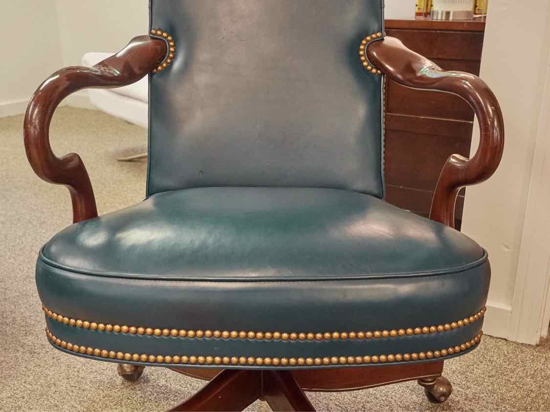Hancock and Moore Swivel Desk Chairs in Green Leather with Brass Nailheads