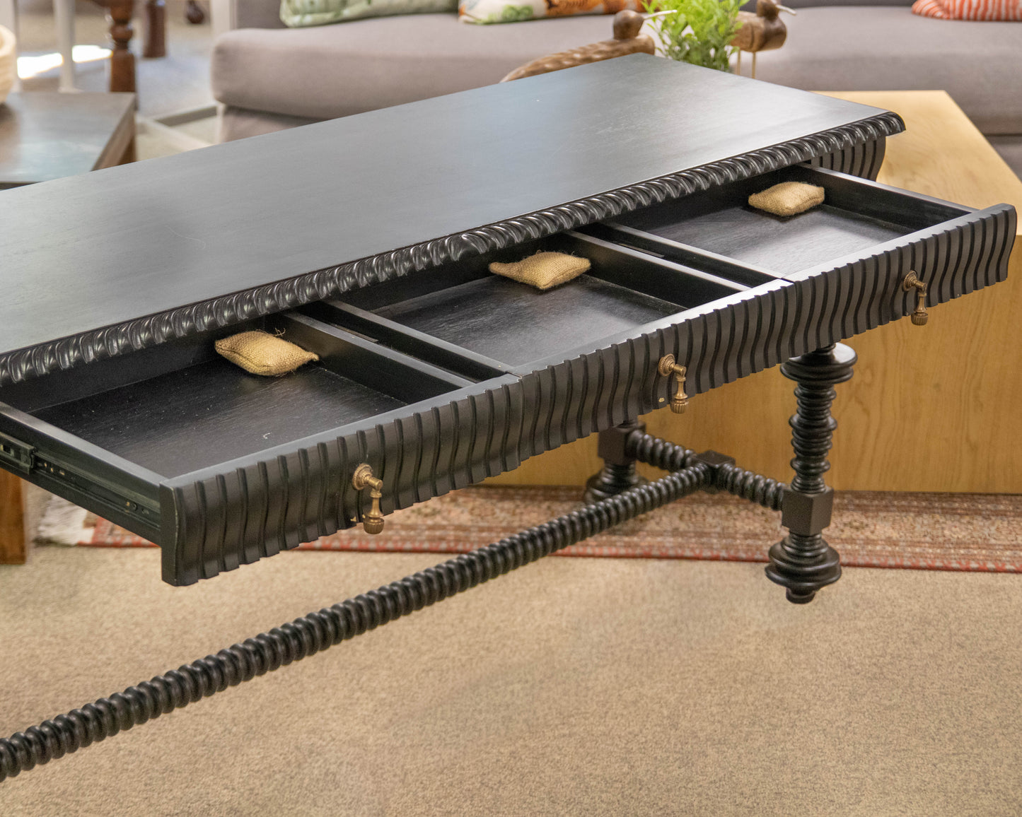 Noir Portuguese Console Table In Hand Rubbed Wash Satin Black Finish