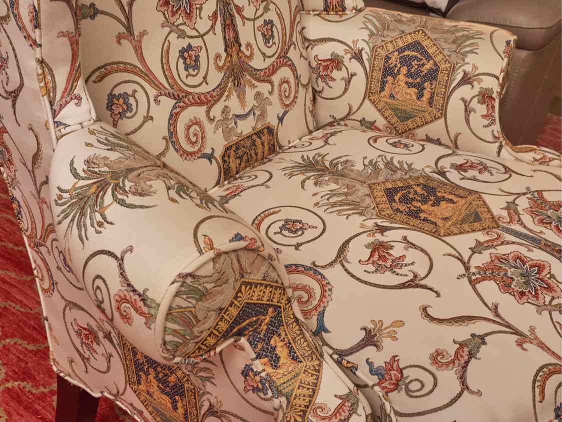 Pair of Statesville Chair Company Upholstered Wing Chairs with Center Medallion