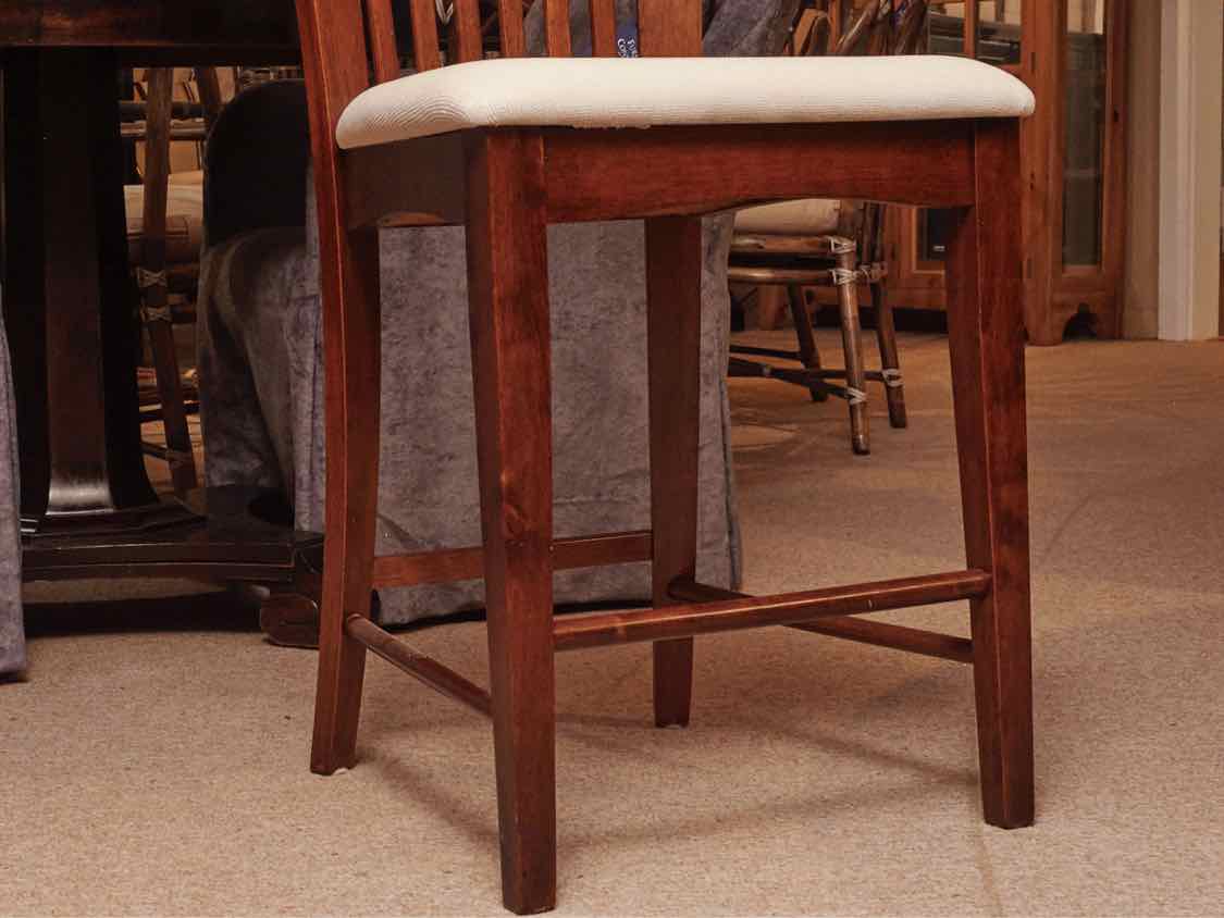 Pair Of Dark Stained Ash Cream Fabric Cushion Counter Stools