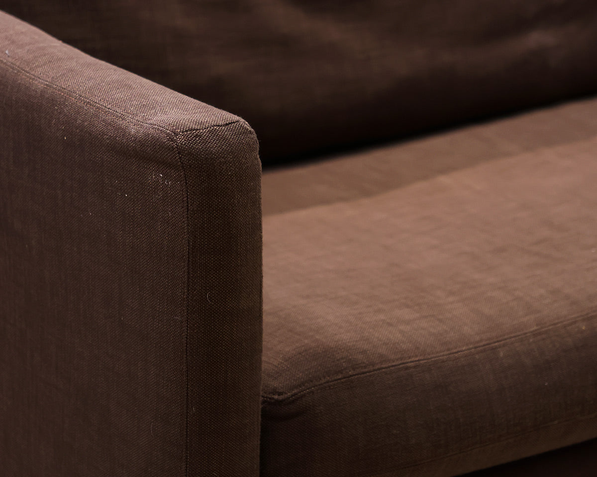 RH Shelter Arm Bench Seat 8' Sofa in Brown Belgian Linen