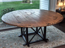 Distressed Finish Oak Round Black Finish Base Dining Table