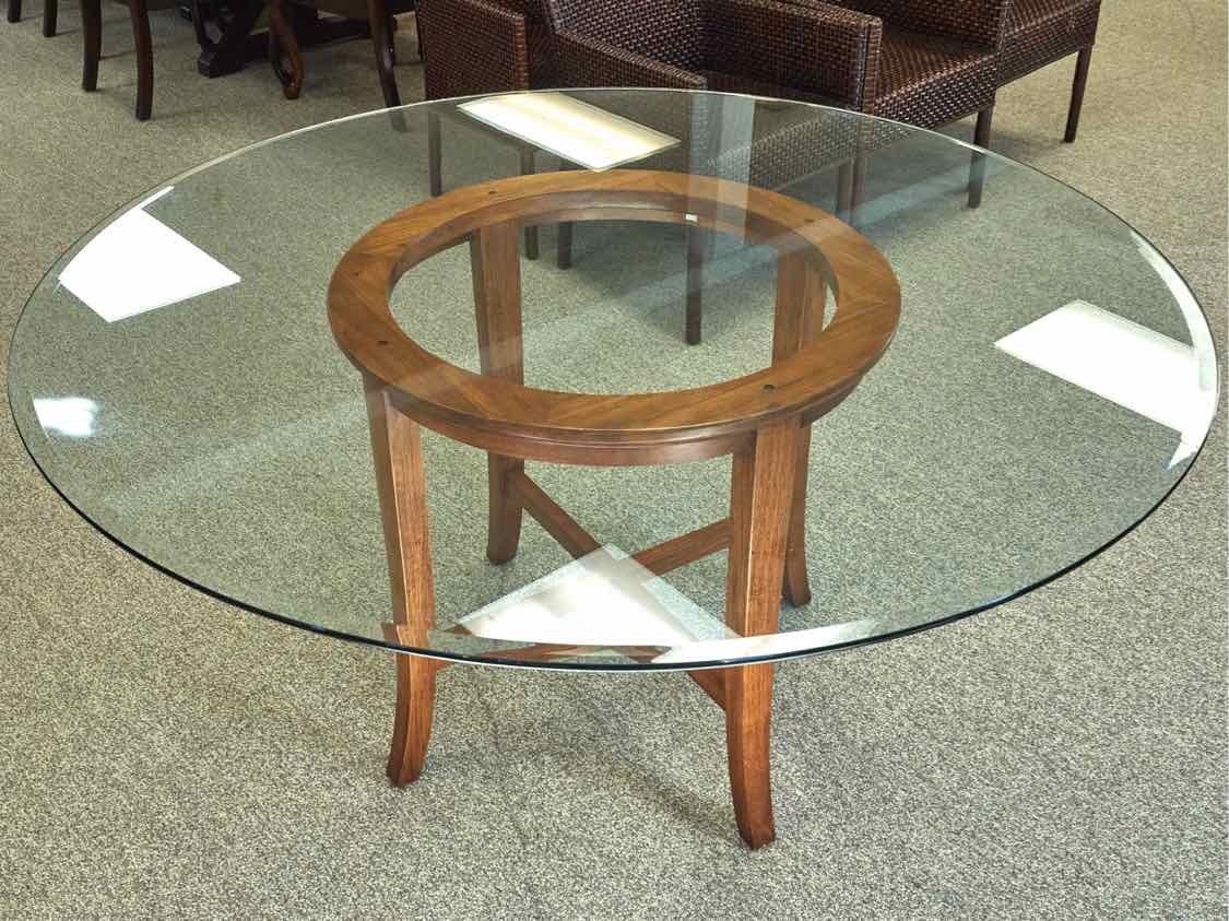 Crate & Barrel Glass Dining Table with Wood Pedestal  Base