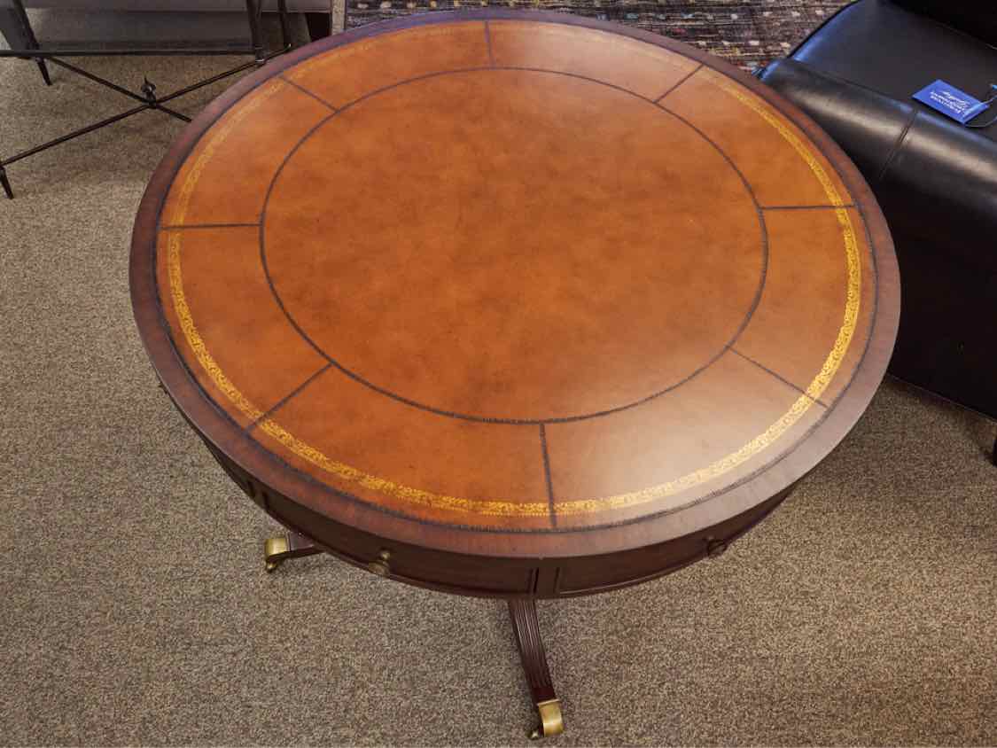 Ethan Allen Mahogany Rent Accent Table with Leather Top on Pedestal Base