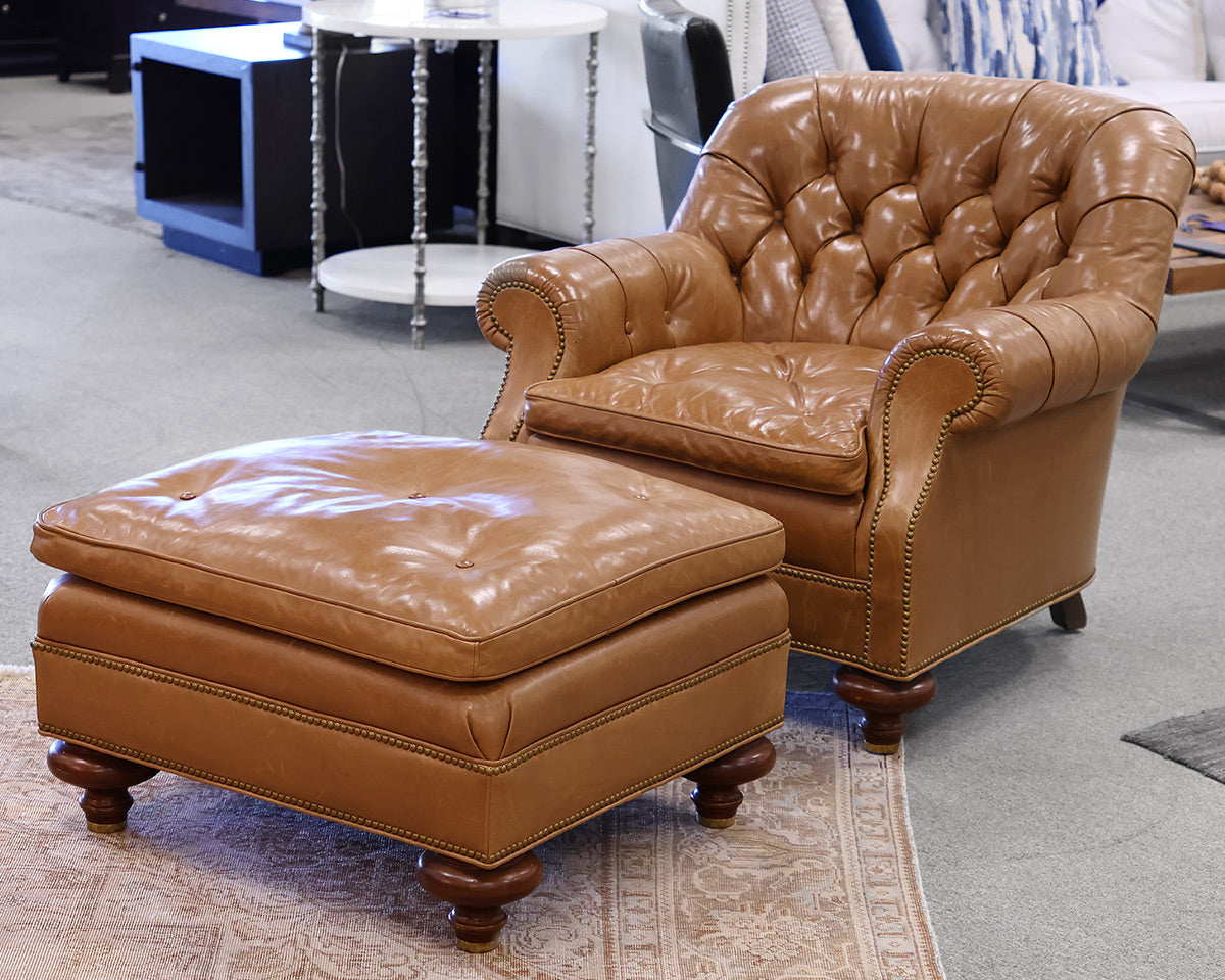 Baker Caramel Leather Tufted Chair w/ Ottoman
