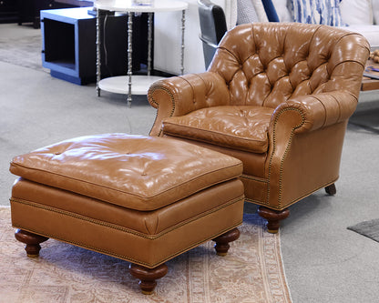 Baker Caramel Leather Tufted Chair w/ Ottoman