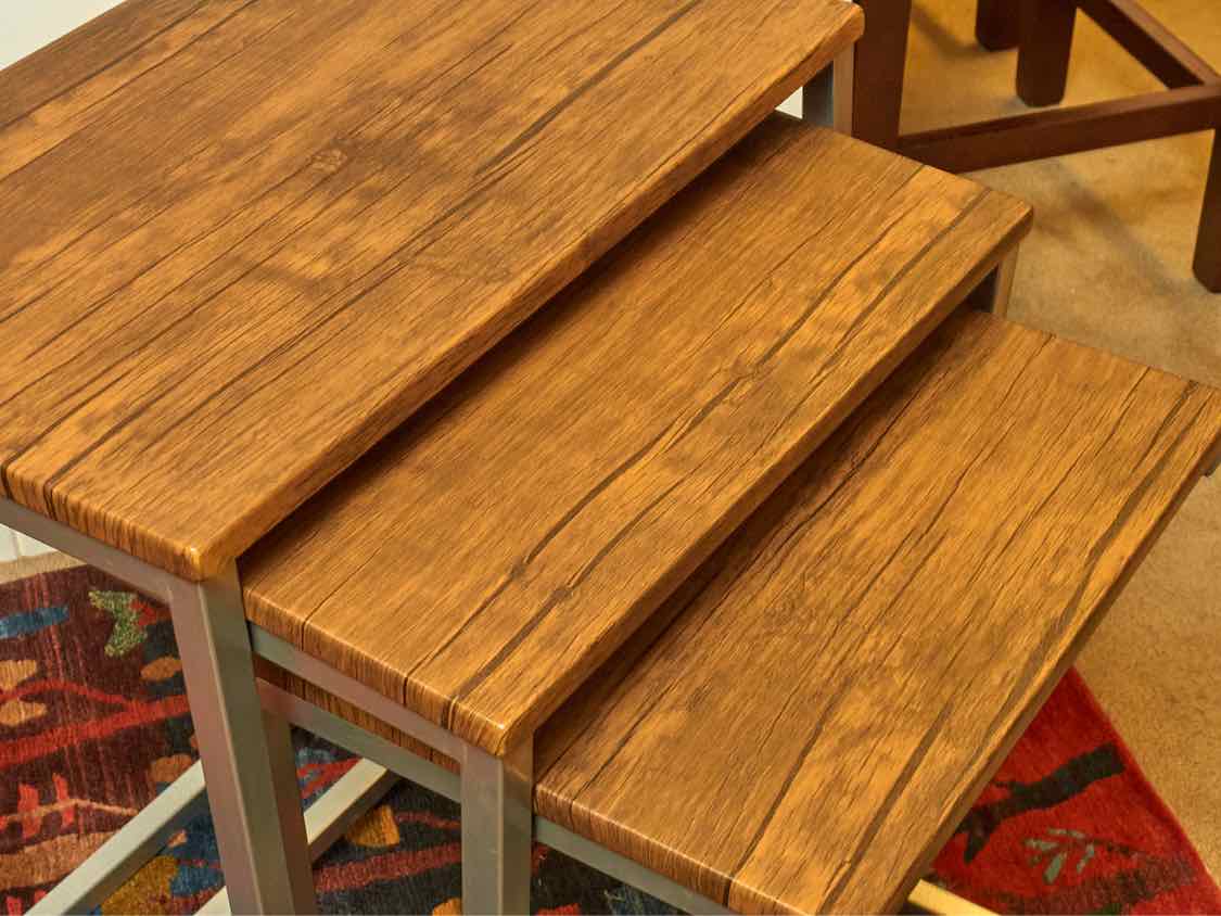 Set Of 3  Gumwood Top Chrome Legs Nesting Accent Tables