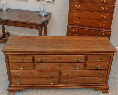 Cherry Eight Drawer Dresser In Warm Chestnut Finish W/ Scroll  Brass Bail Pulls