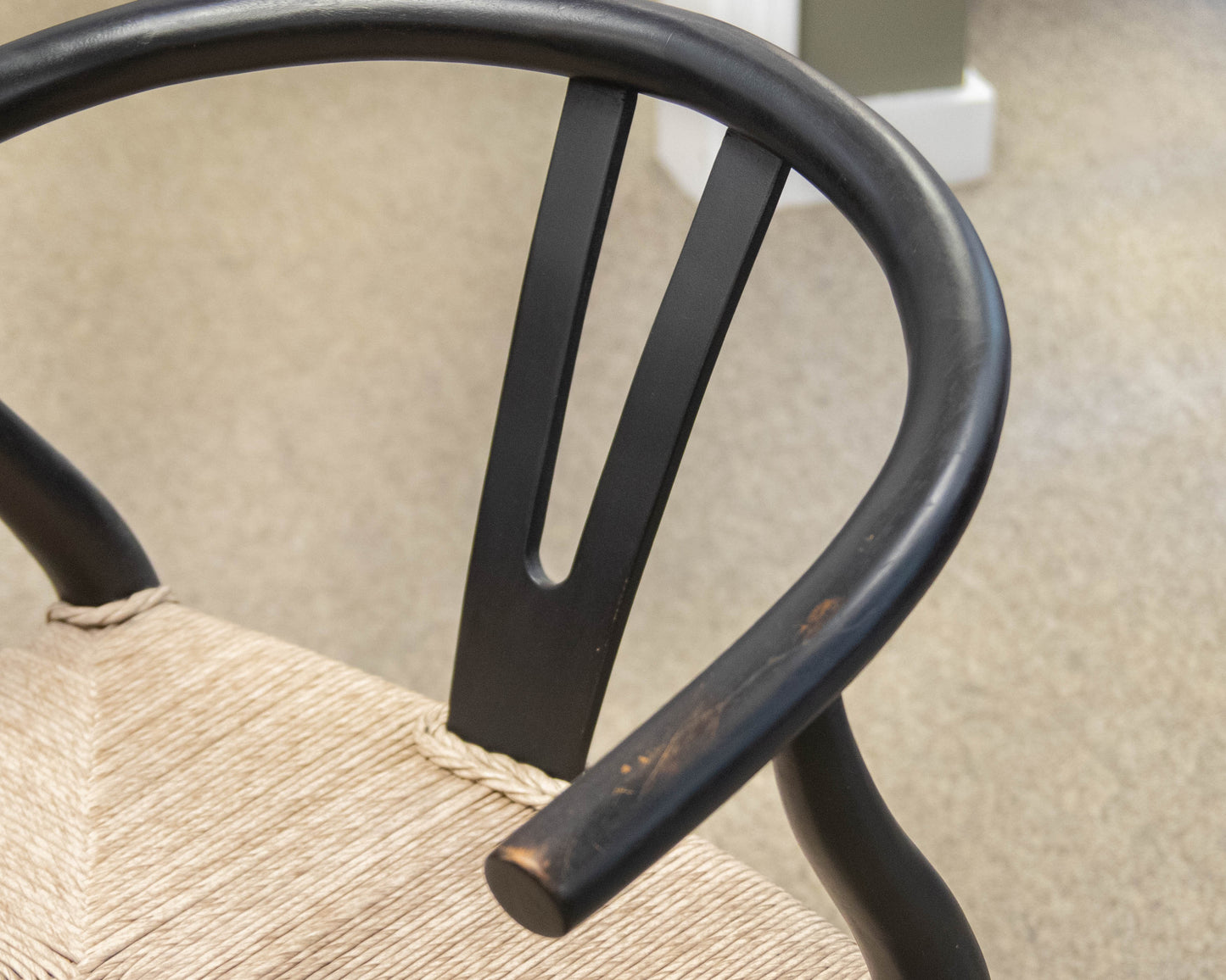 Pair of Reproduction Wishbone Dining Chairs in Black with Rush Seats