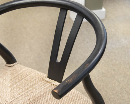 Pair of Reproduction Wishbone Dining Chairs in Black with Rush Seats
