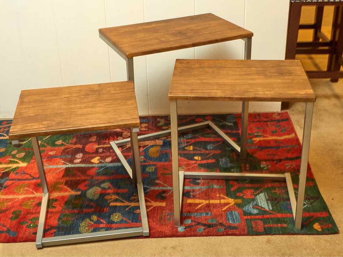 Set Of 3  Gumwood Top Chrome Legs Nesting Accent Tables