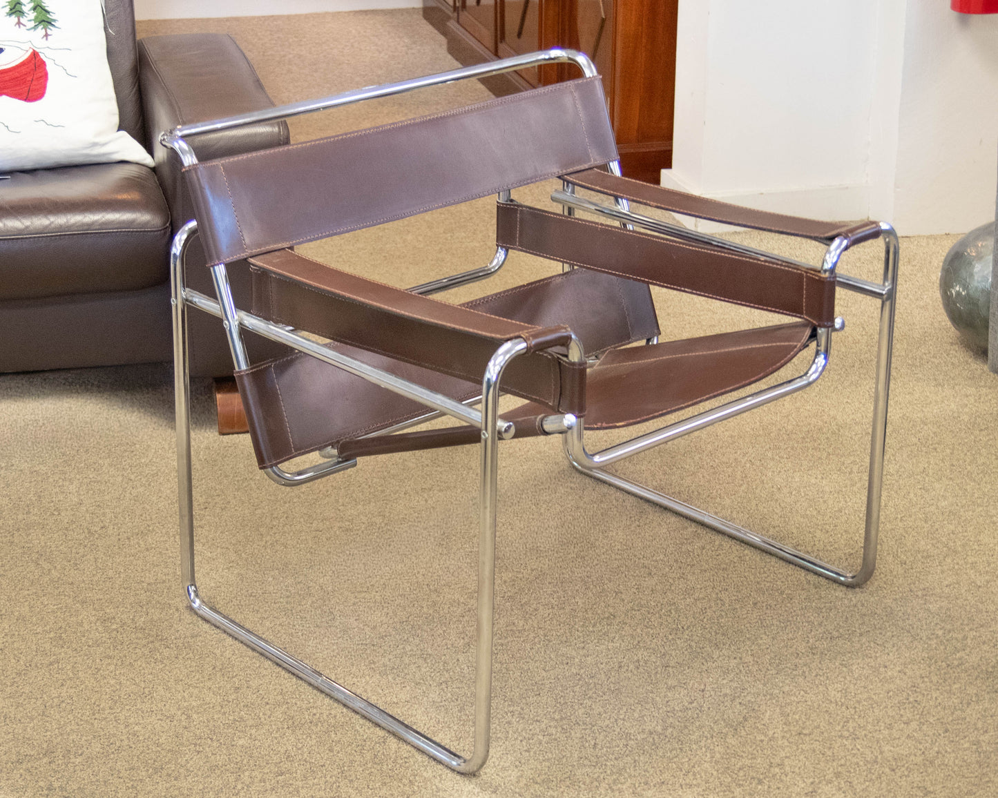 Pair Of "Wassily Style" Brown Leather Sling Back Chairs On Tubular Chrome Frame