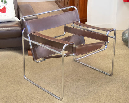 Pair Of "Wassily Style" Brown Leather Sling Back Chairs On Tubular Chrome Frame