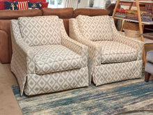 Pair of Basset Track Arm Chairs in Ivory & Grey Diamond Uphostery Feather & Down