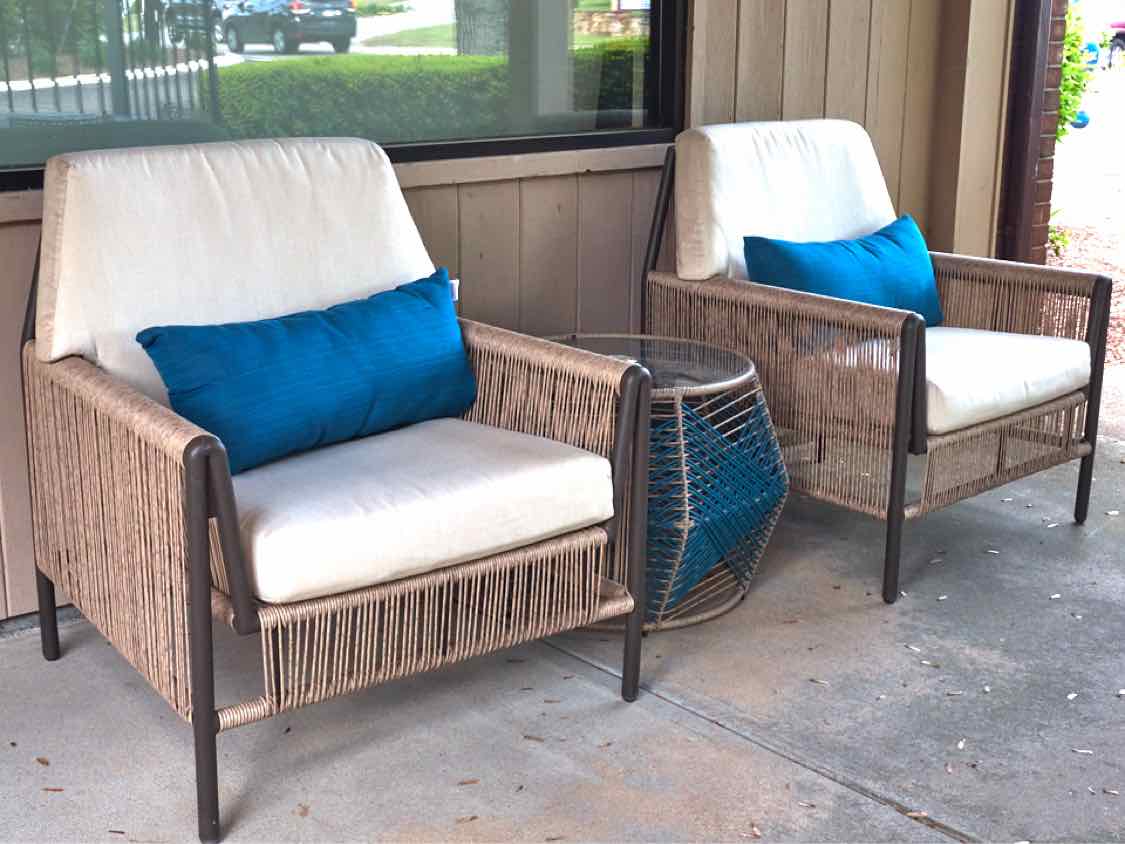 Pair of Tan Weave Arm Chairs & Matching Round Side Table