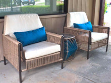Pair of Tan Weave Arm Chairs & Matching Round Side Table