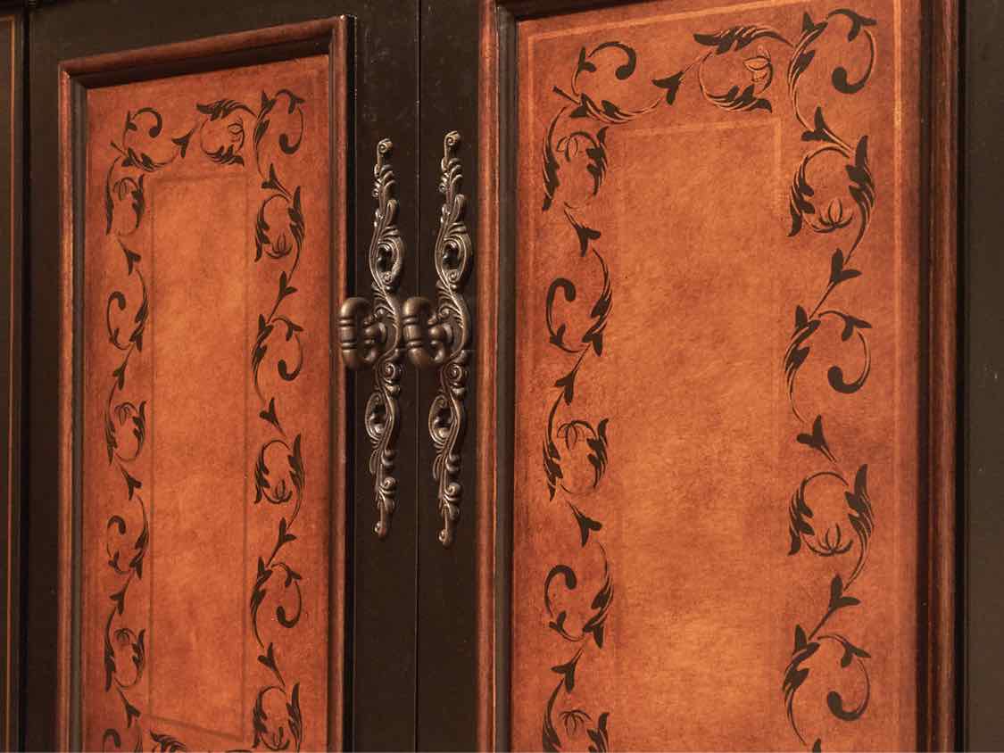 Black Finish With Stencil Accents 3 Drawer & 4 Door  Sideboard