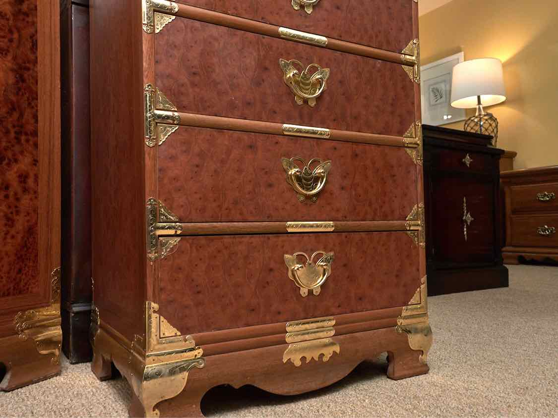Asian Burled Walnut 5 Door Lingerie Chest with Brass Moth Handles
