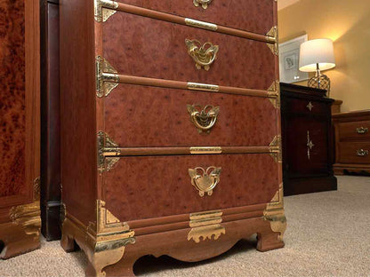 Asian Burled Walnut 5 Door Lingerie Chest with Brass Moth Handles