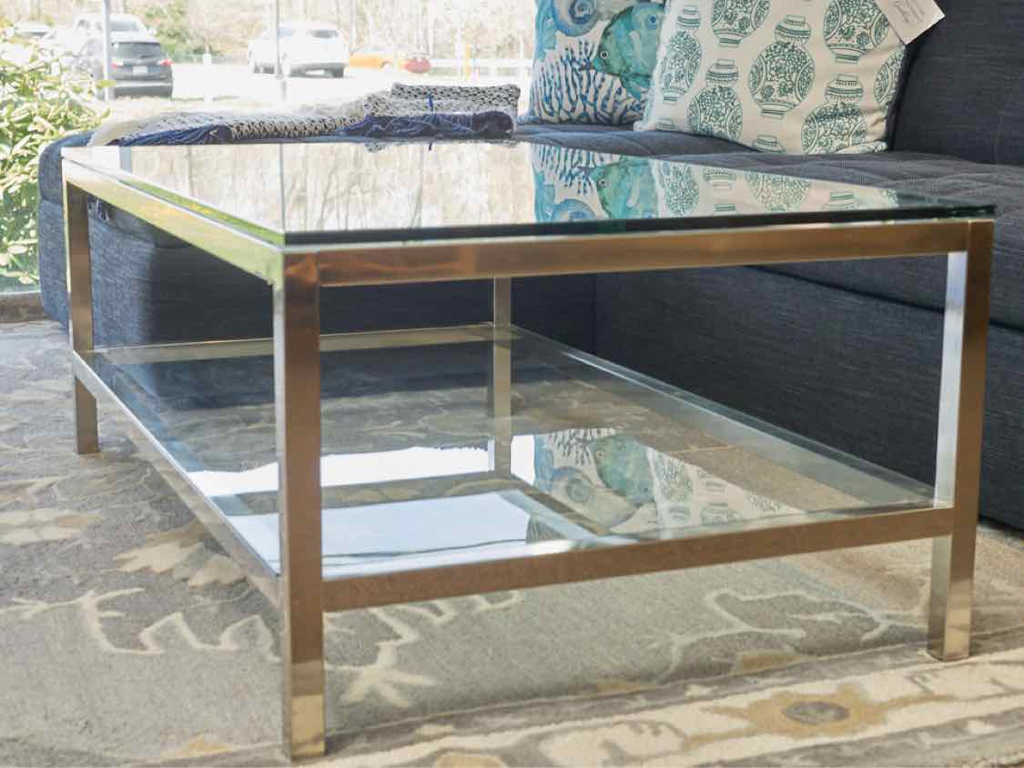 Silver Rectangular Cocktail Table with Glass Top & Shelf