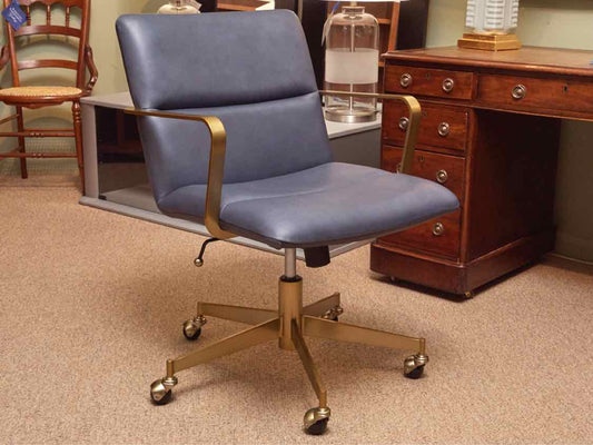 West Elm Blue Leather Office Chair with Gold  Finish on Casters