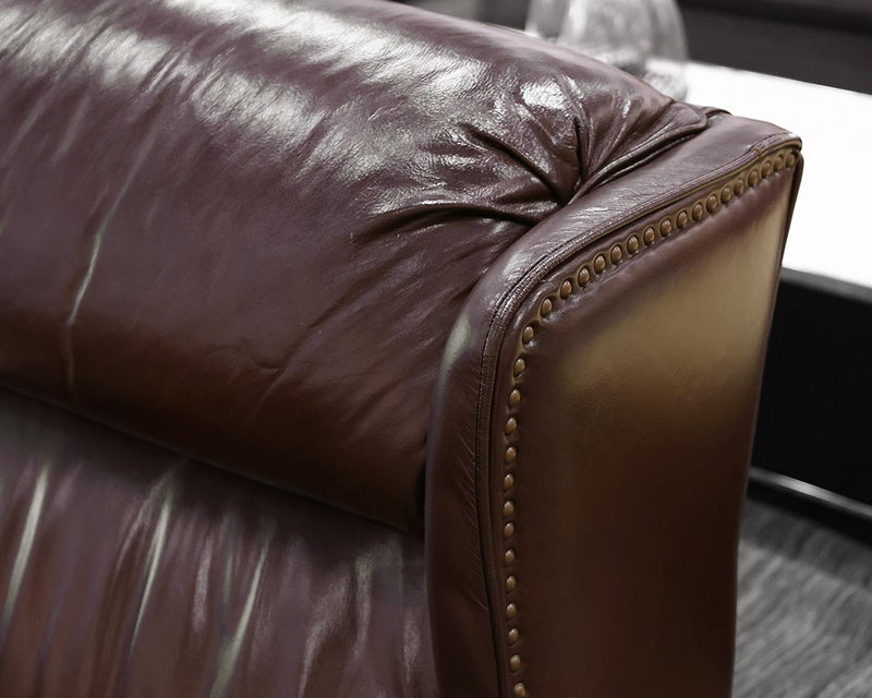 Chocolate Brown Leather Wing Chair Recliner with Brass Nailhead Trim